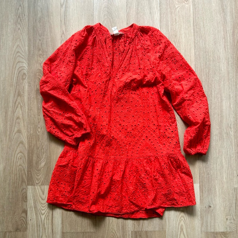 H&M Red Eyelet Lace Longsleeve Dress V-Neck